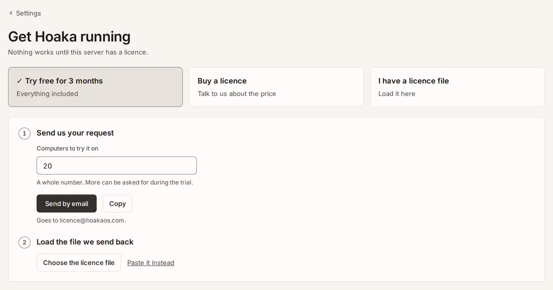 The Licence page with the free trial request