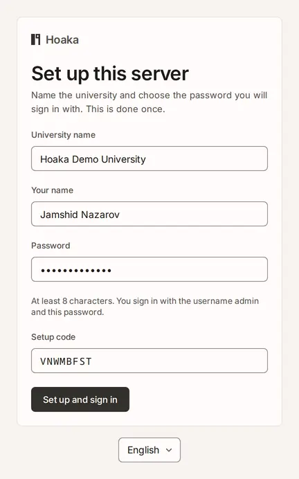 The setup page
